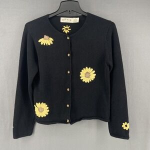 Orvis Sweater Womens Small Black Cardigan Daisy‎ Linen Cotton Whimsy Y2K